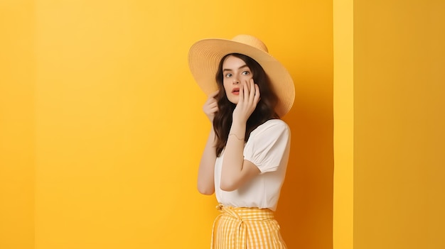 黄色の背景の前に立つ黄色い帽子をかぶった女性
