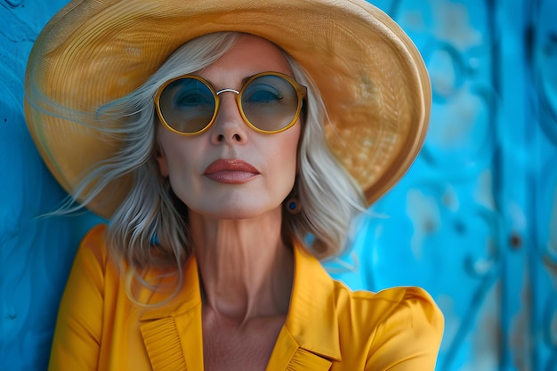 Женщина в желтой шляпе и солнцезащитных очках Генеративный ИИ