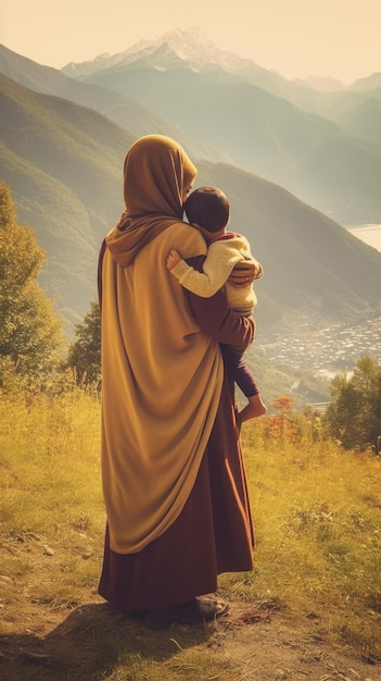 A woman in a yellow hijab holds her baby in front of a mountain landscape.