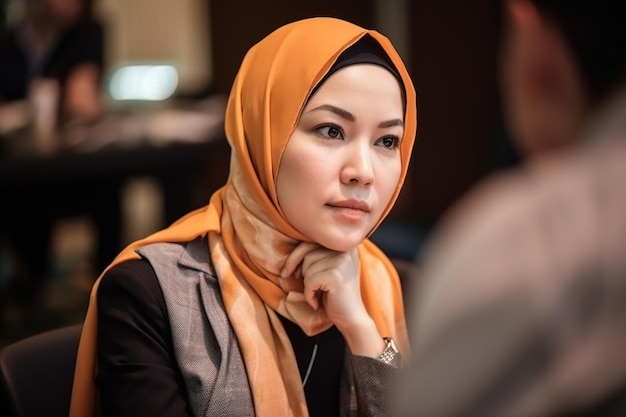 A woman in a yellow hijab sits at a table with a man in a grey jacket.