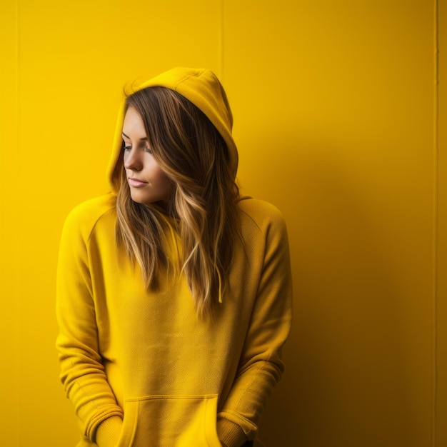 A woman in a yellow hoodie standing against a yellow wall