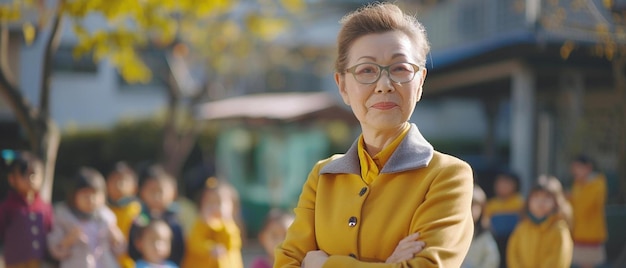 a woman in a yellow jacket and glasses standing with her arms crossed