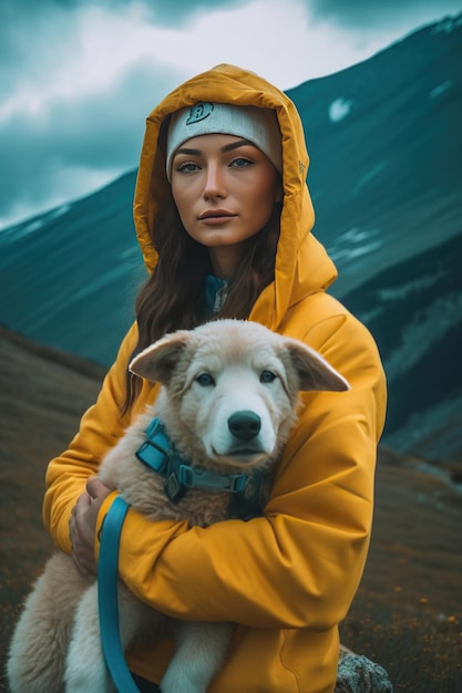 A woman in a yellow jacket holds a dog in front of a mountain.