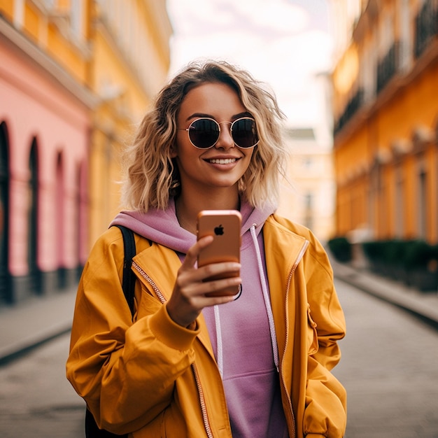 a woman in a yellow jacket is holding a phone and wearing sunglasses