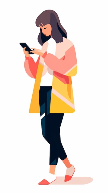 a woman in a yellow jacket is looking at her phone generative ai