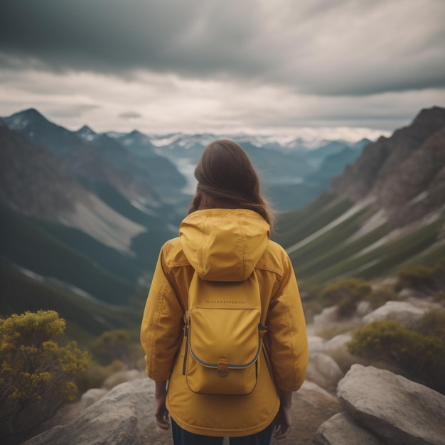 A woman in a yellow jacket is standing on a mountain top with mountains in the background