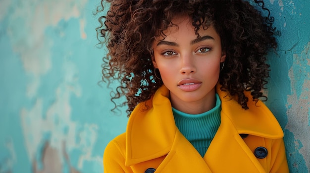 Woman in Yellow Jacket Leaning Against Blue Wall