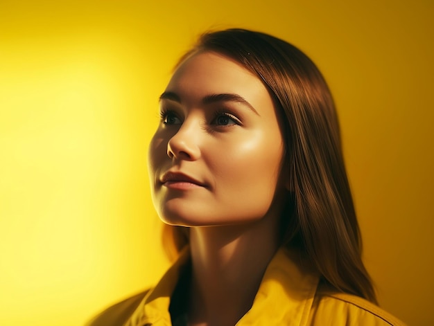 A woman in a yellow jacket looks up into the sky.