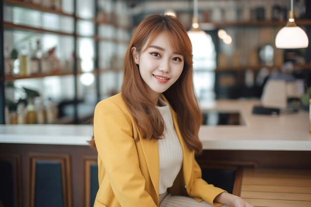 A woman in a yellow jacket sits in a cafe.