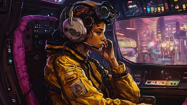 A woman in a yellow jacket sits in a cockpit with a pair of headphones that say star wars.