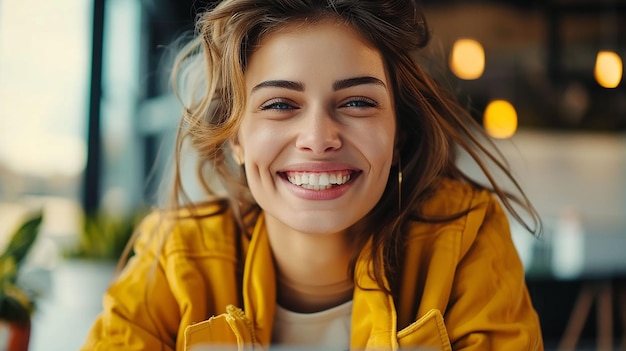 Foto una donna con una giacca gialla sorride alla telecamera