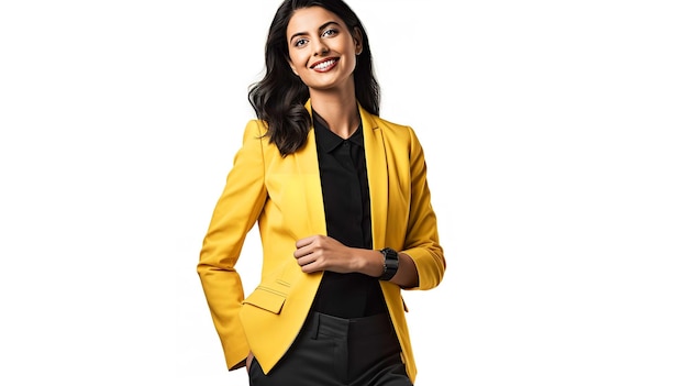 노란색 재킷을 입은 여성이 미소를 지으며 검은색 셔츠를 입습니다.