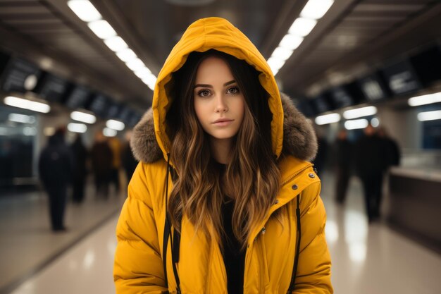 a woman in a yellow jacket standing in an airport