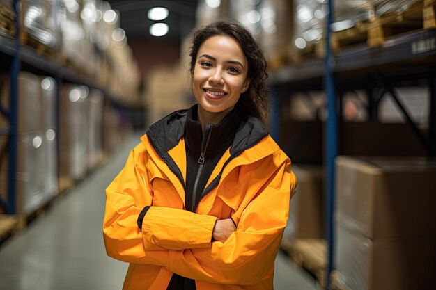 A woman in a yellow jacket standing in a warehouse