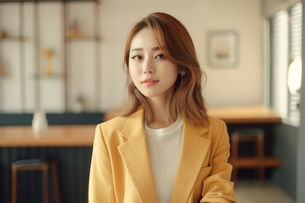 A woman in a yellow jacket stands in a cafe.