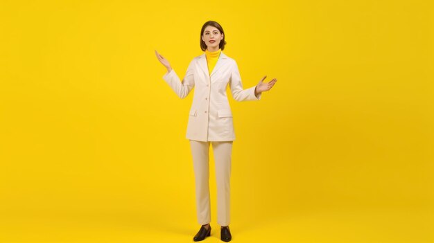 A woman in a yellow jacket stands in front of a yellow background