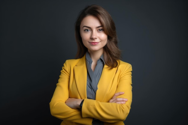 A woman in a yellow jacket stands with her arms crossed on a dark background