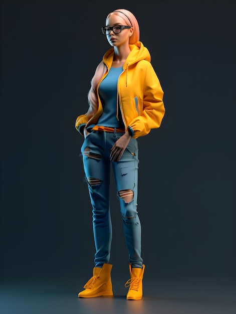 woman in a yellow jacket with black background