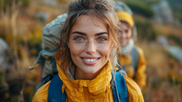 Foto donna con la giacca gialla e lo zaino blu