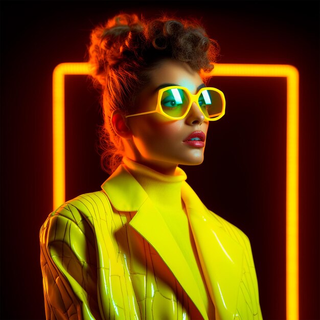 A woman in a yellow jacket and yellow sunglasses stands in front of a neon sign that says'i love you '