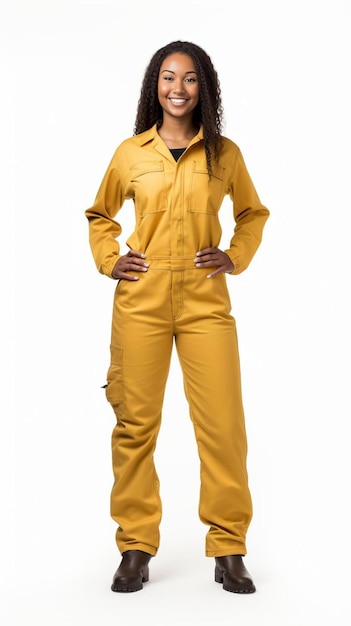 Photo a woman in a yellow jumpsuit stands in front of a white background