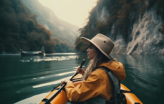 Woman in a yellow kayak with a cowboy hat