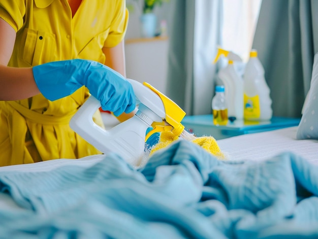 a woman in a yellow raincoat is cleaning a blue blanket