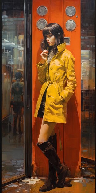 黄色いレインコートの女性がガラスのドアの前に立っています