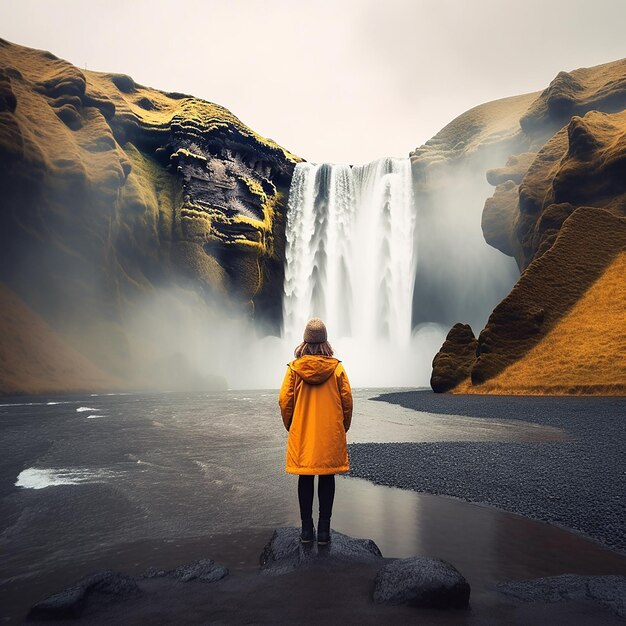 Photo a woman in a yellow raincoat stands in front of a waterfall.