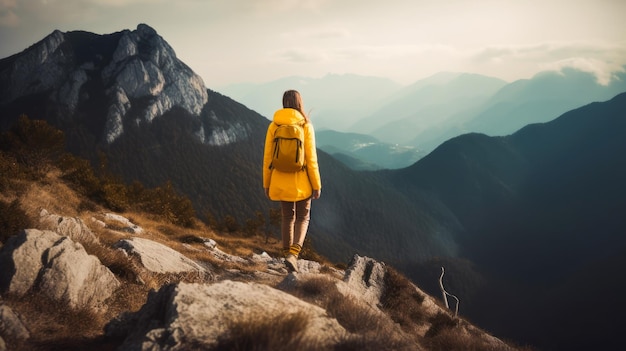 A woman in a yellow raincoat stands on a mountain top.