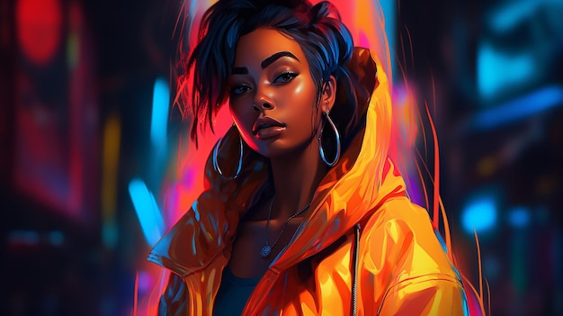 A woman in a yellow raincoat with a neon glow.