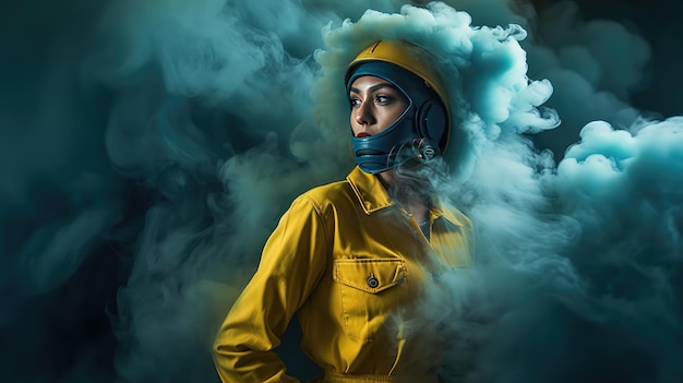 A woman in a yellow raincoat and a yellow cover with a smoke cloud behind her.