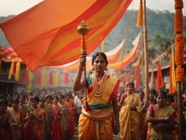 a woman in a yellow and red sari holding a golden lamp