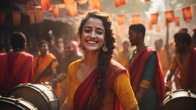 Foto donna in sari giallo e rosso sorride di fronte a