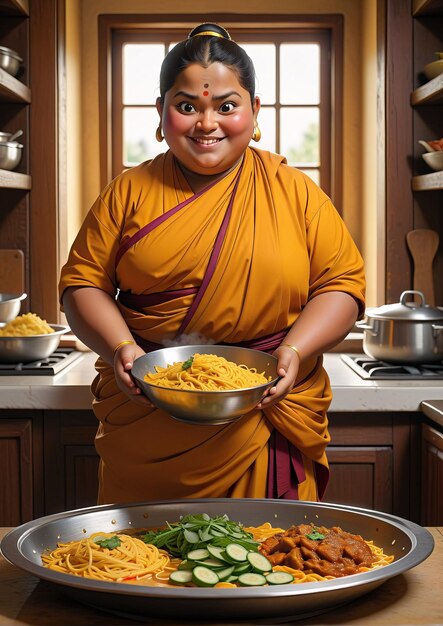 Photo a woman in a yellow robe is holding a plate of food