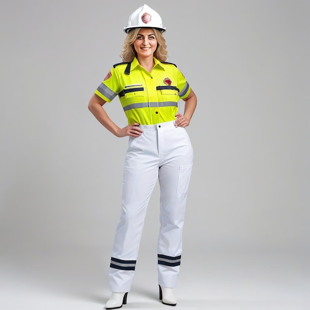 a woman in a yellow safety vest and white pants