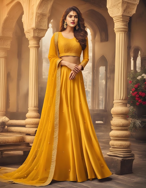 Photo a woman in a yellow sari stands in front of a building