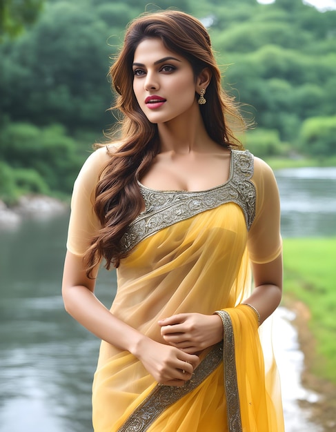 a woman in a yellow sari stands in front of a river