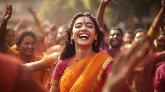 Photo woman in yellow sari surrounded by people