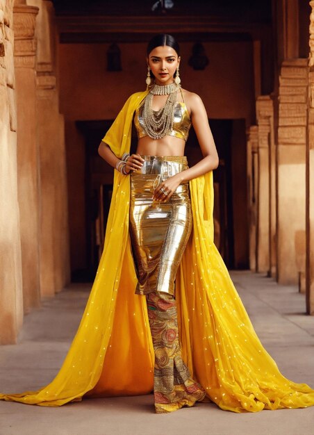 Photo a woman in a yellow sari with a gold sari on the left