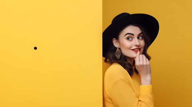 A woman in a yellow shirt and black hat stands in front of a yellow wall.