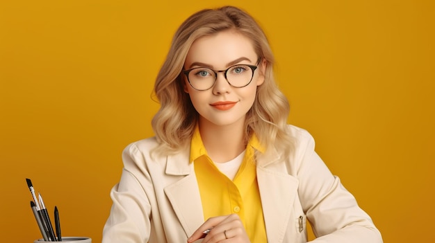 A woman in a yellow shirt and glasses sits in front of a yellow background