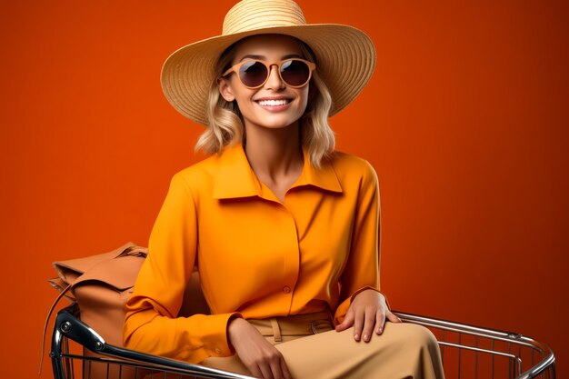 Photo woman in yellow shirt and hat sitting in cart generative ai