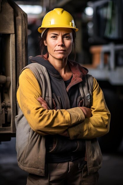 a woman in a yellow shirt and hat stands in front of a pipe