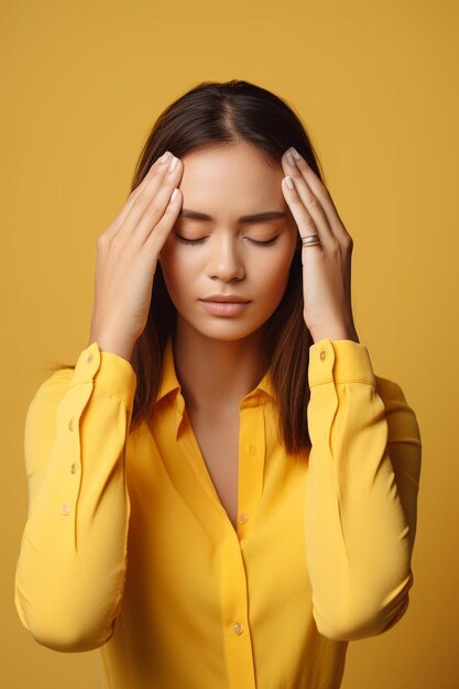 a woman in a yellow shirt holds her head with her hands