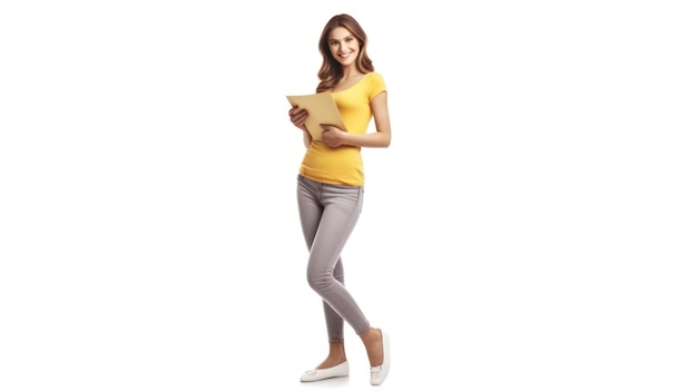 A woman in a yellow shirt is holding a book.