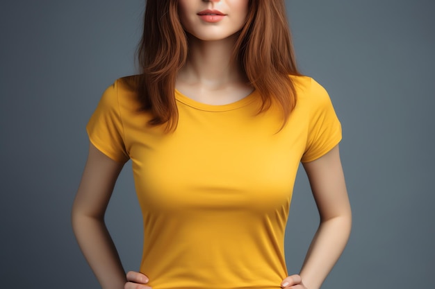 A woman in a yellow shirt is standing against a gray background