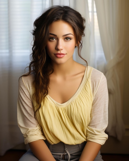 a woman in a yellow shirt sitting on a chair