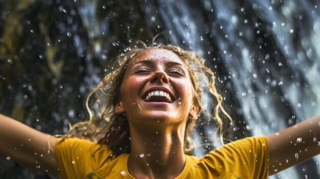 Photo a woman in a yellow shirt smiles in front of a waterfall