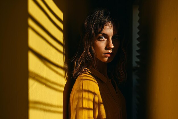 a woman in a yellow shirt standing in front of a yellow wall